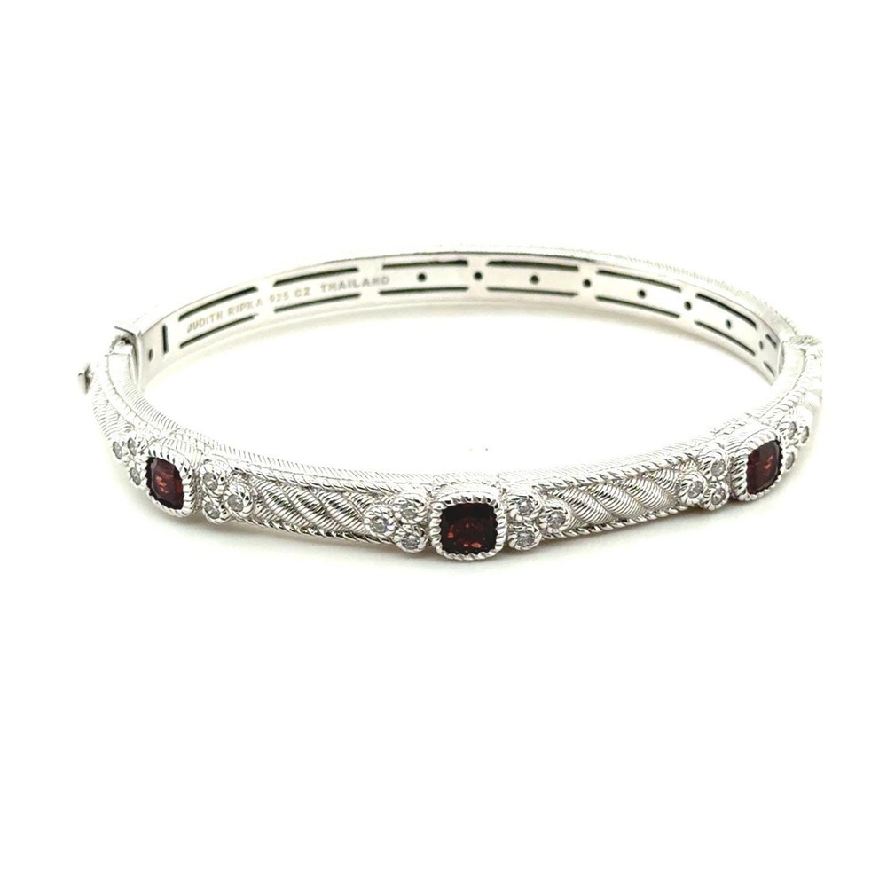 Judith Ripka Sterling‎ Silver 925 Red Stone CZ Hinged Bangle Bracelet Thailand